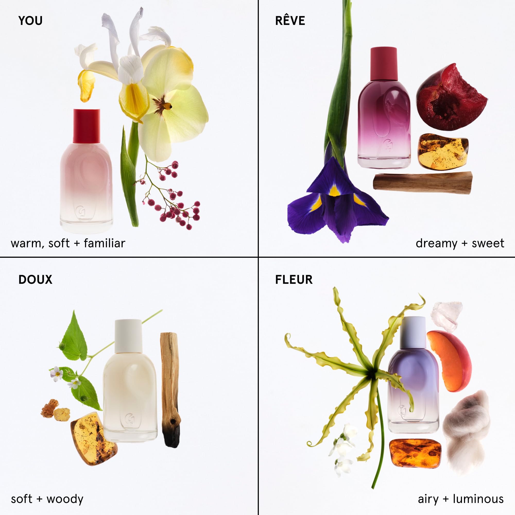 Glossier You Mini Wardrobe Fragrance Set - 4 Unisex Travel Size Eau de Parfum for Women & Men - Skin-Scent Enhancer Perfume Sampler, Smells Different on Everyone - You, Fleur, Doux, Rêve - 1.5ml Each GlossierBuy Supplements Australia