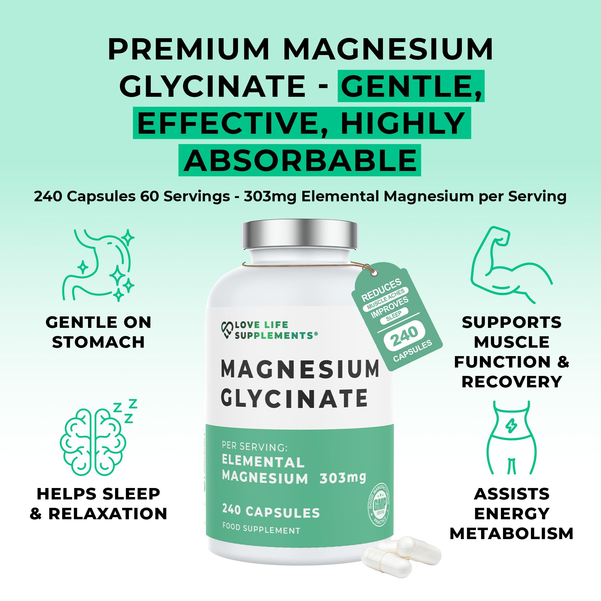 Love Life Supplements Pure Magnesium Glycinate (Bisglycinate), 240 Vegan Capsules, 2 Month Supply, High Strength 300mg Elemental