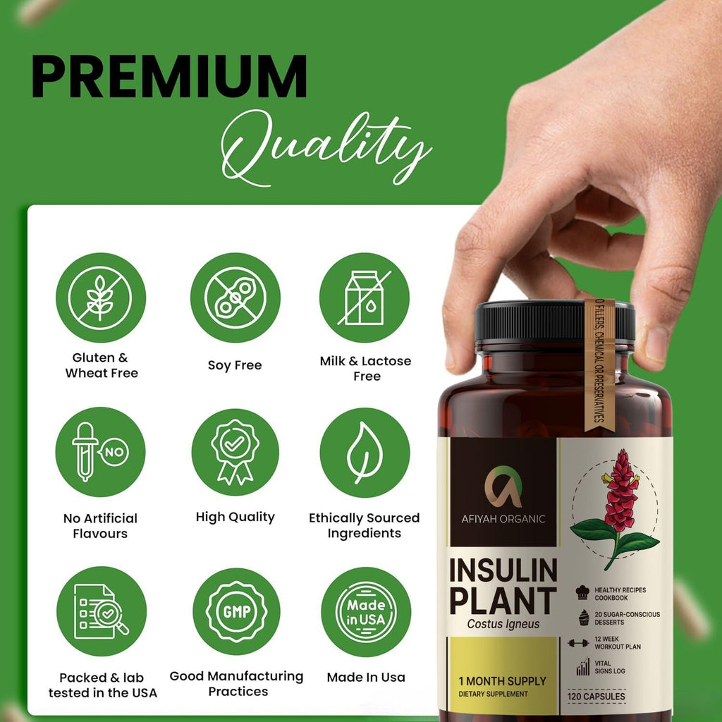 Afiyah Organic - Premium Quality Costus Igneus (Insulin Plant) Capsules - Easy to Swallow 120 Veggie Capsules (1 Month Supply) - Made in the USA - Including Complete Health Support Program Afiyah Organic buy supplements Au