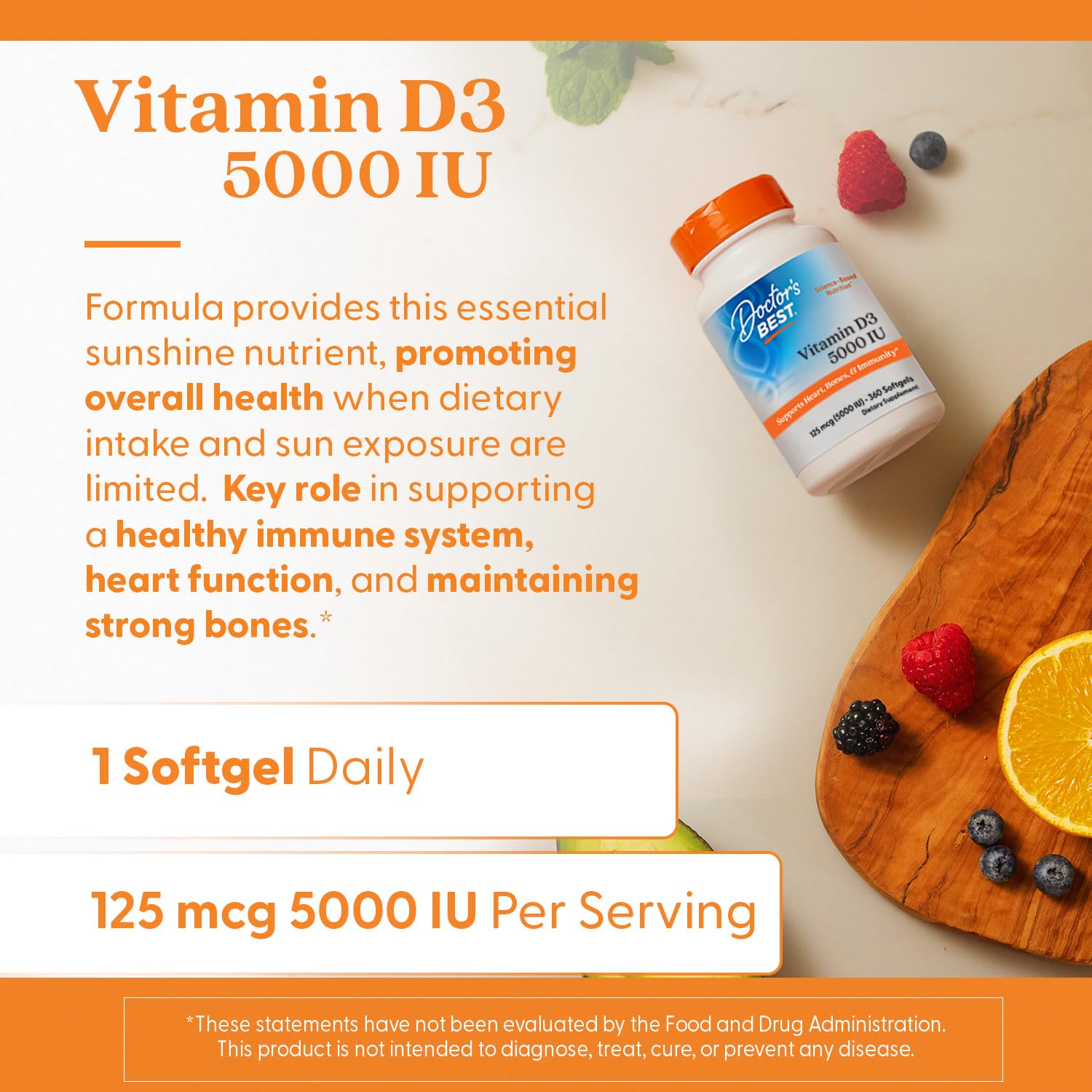 Doctor's Best Vitamin D3 5000 IU Softgels for Men & Women - Vitamin D Supplement for Immune System & Heart Health Support, 125 mcg per Serving, VIT D 3