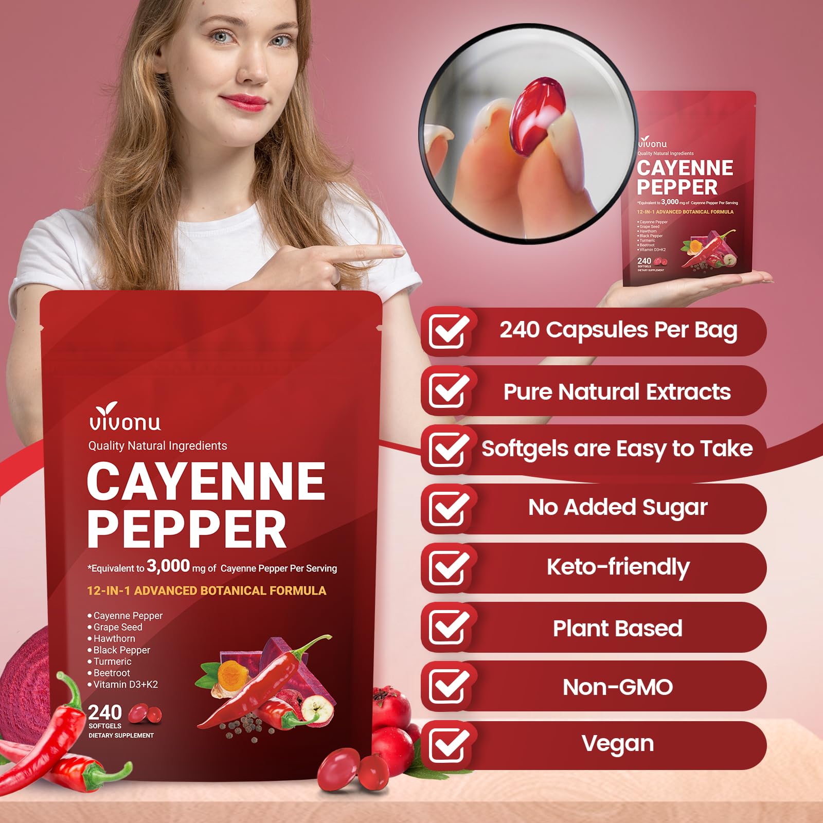 VivoNu Cayenne Pepper Softgels Supplement, Supports Leg Vein, Heart and Blood Vessel Health, with Vitamin E D3+K2 and Extracts of Grape Seed, Hawthorn, Beetroot, Berberine (Softgel / 1 Bag) VivoNu buy supplements Au