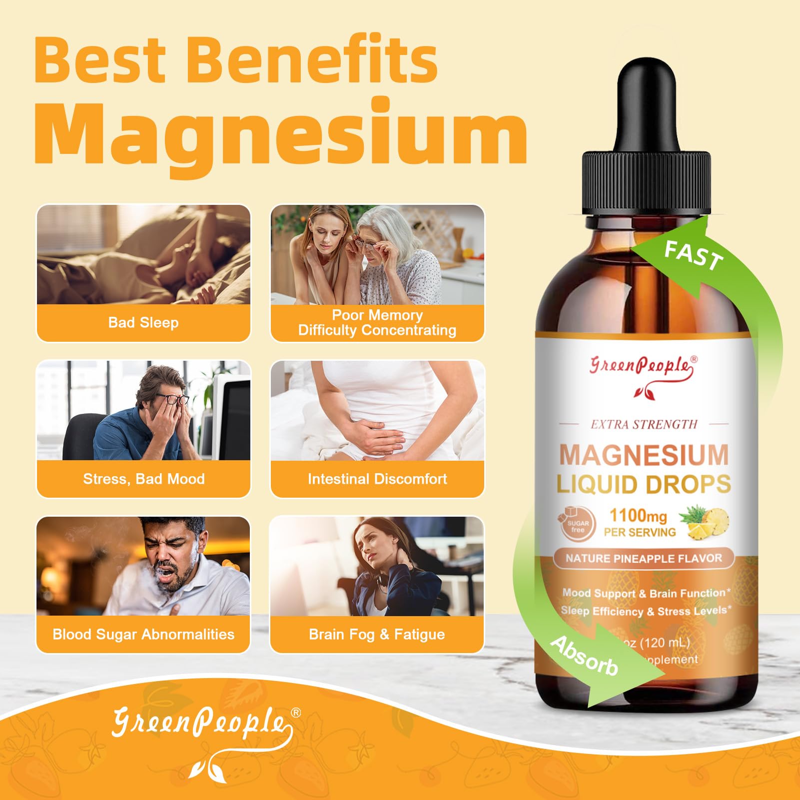 GREENPEOPLE 17-in-1 Triple Magnesium Complex Supplement,Magnesio Liquid Drops with Magnesium Glycinate & Citrate,Pineapple Flavor,Calm Mood,Muscle & Sleep for Adults,4 fl. oz 2Pack GREENPEOPLE buy supplements Au