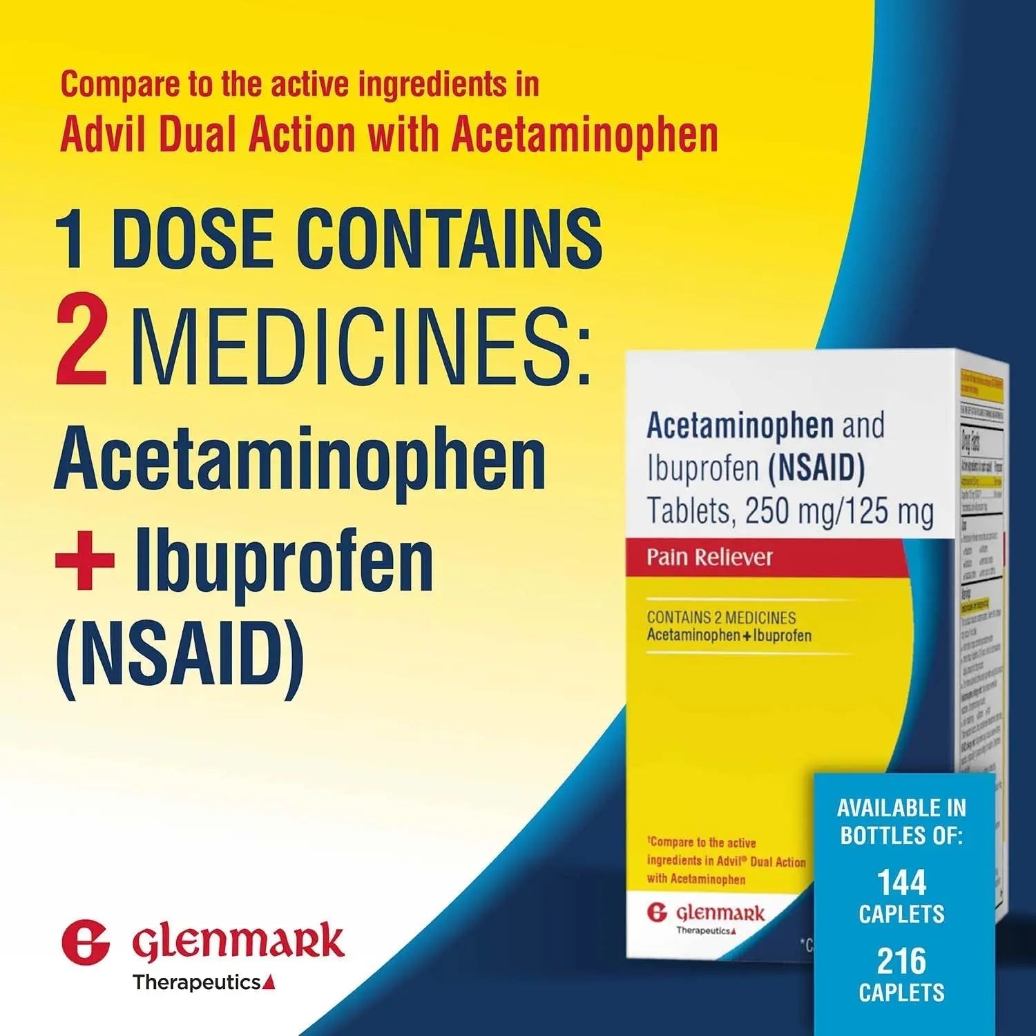Dual Action Acetaminophen 250mg and Ibuprofen 125mg Caplets, Up to 8h of Pain Relief for Minor Aches and Pain, Headaches, Toothache, Backache, Menstrual Cramps, Minor Arthritis Pain, 216 Count Glenmark TherapeuticsBuy Supplements Australia