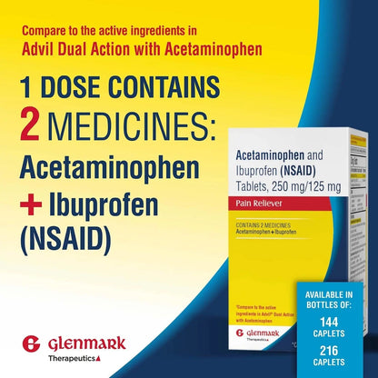 Dual Action Acetaminophen 250mg and Ibuprofen 125mg Caplets, Up to 8h of Pain Relief for Minor Aches and Pain, Headaches, Toothache, Backache, Menstrual Cramps, Minor Arthritis Pain, 216 Count Glenmark TherapeuticsBuy Supplements Australia