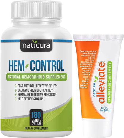 Naticura Bundle - Hem-Control Vegan Digestive Support Supplement (180 Count) and Alleviate Natural Hemorrhoid Relief Cream for Burning, Itching and Swelling (1.7 oz) Plus 2 Travel-Size Tubes NaticuraBuy Supplements Australia