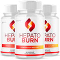 Three bottles of Hepato Burn dietary supplement with a red and orange logo on a white background.