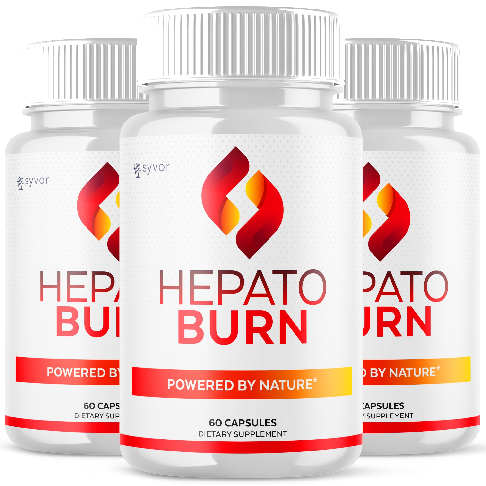 Three bottles of Hepato Burn dietary supplement with a red and orange logo on a white background.