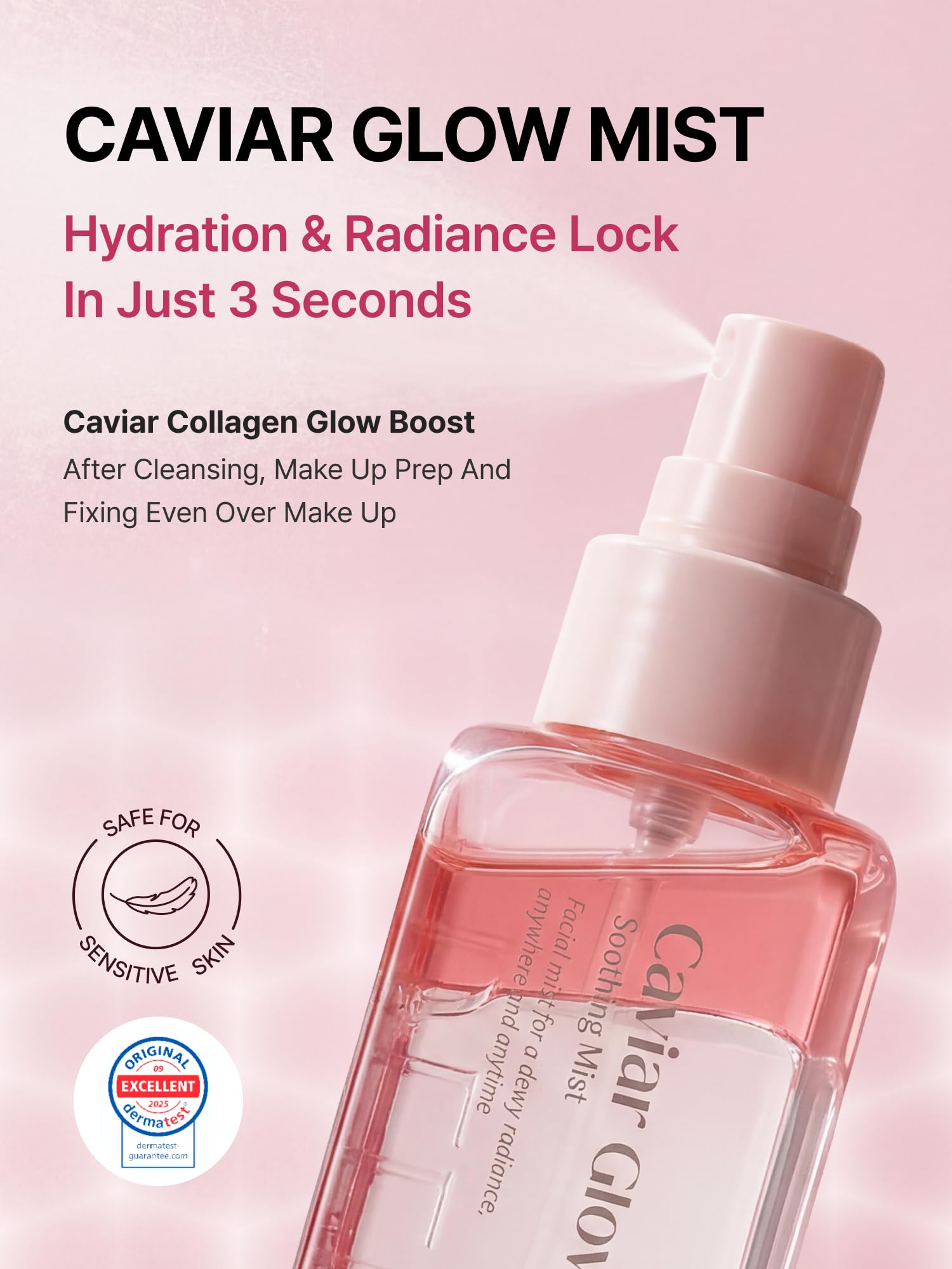 Delere Caviar Glow Soothing Mist | Korean Glass Skin Spray Serum with 5% Caviar & Squalane - Instant 3-Second Radiance & Makeup Setting – Anti-Aging Collagen Booster for Sensitive Skin, 3.4oz Delere buy supplements Au