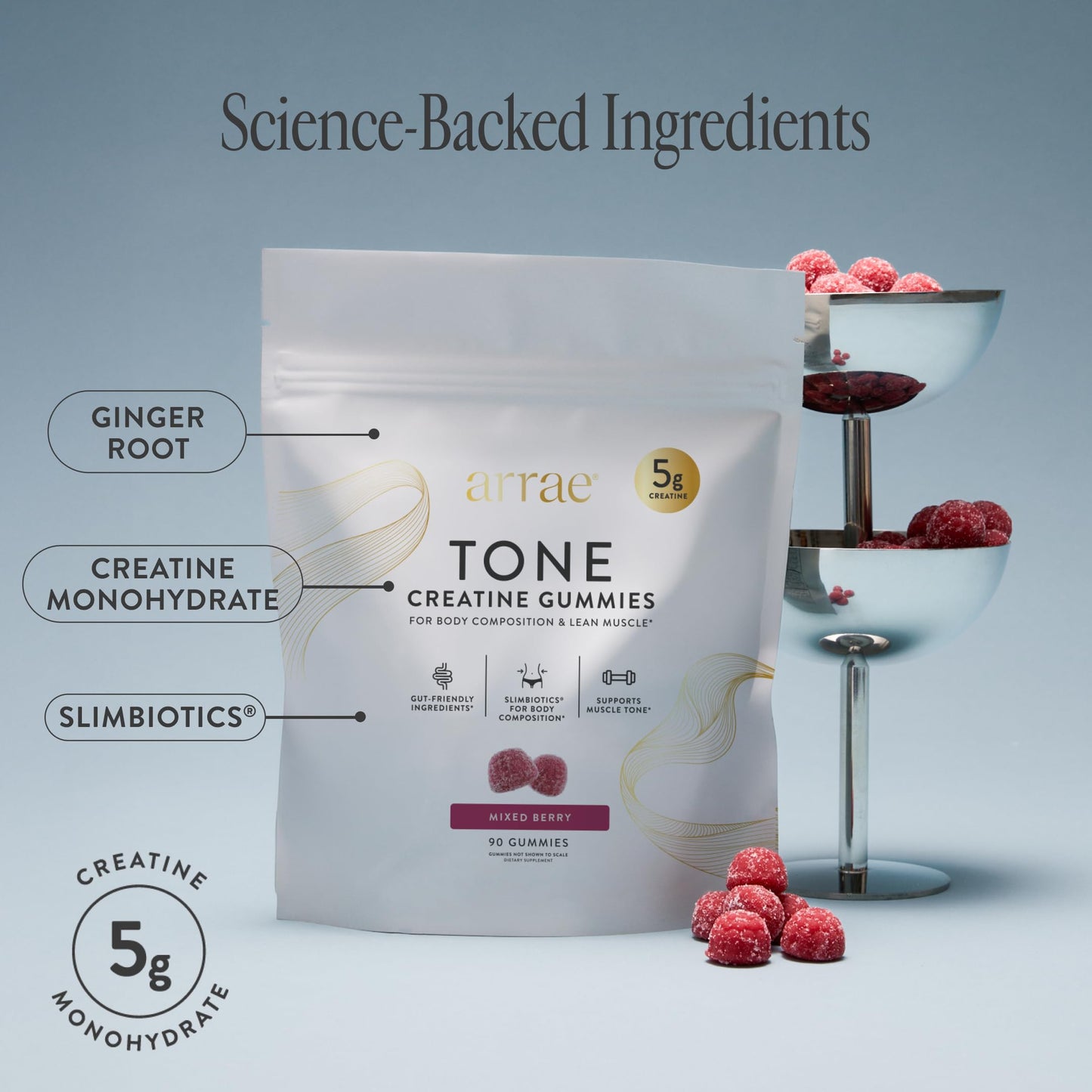 Arrae Tone Gummies – Creatine Monohydrate 5g for Women – Support Lean Muscle, Strength & Recovery – Hormone-Friendly Muscle Toning Supplement