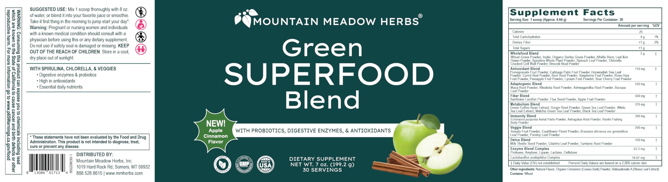 Mountain Meadow Herbs Green Superfood Blend – Spirulina, Chlorella, Mushrooms, Probiotics, Digestive Enzymes, Antioxidants – Organic Greens Powder for Energy & Gut Health – 30 Servings Mountain Meadow HerbsBuy Supplements Australia
