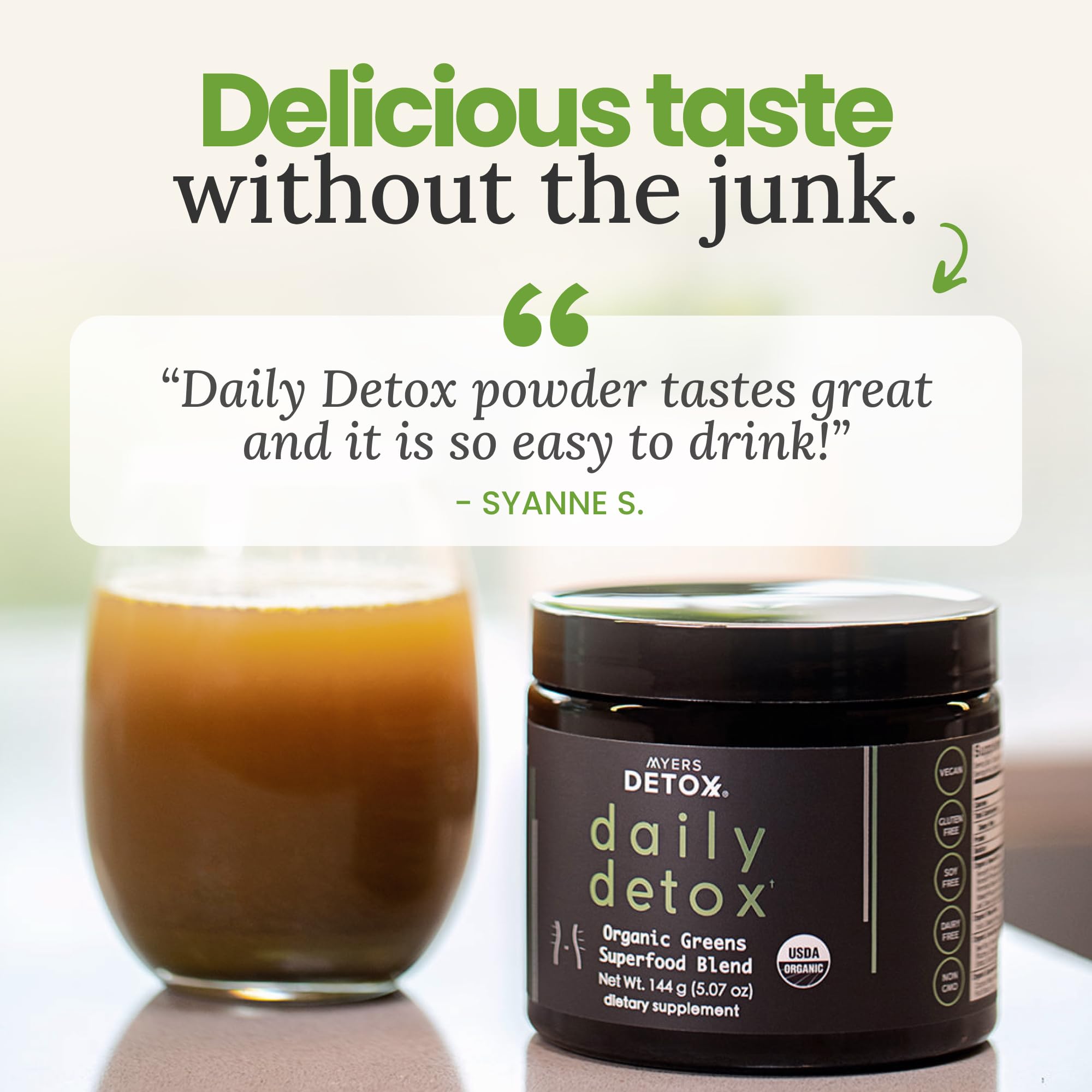 Myers Detox Daily Detox Greens Powder, Organic Superfood Supplement for Detox, Gut Health, Energy, Immune Support, Overall Wellness, Gluten Free Multivitamin Drink Mix,