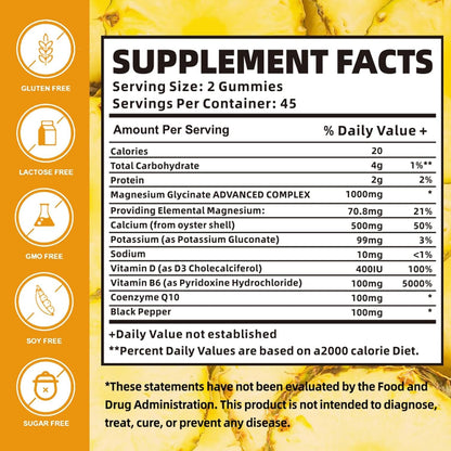 Magnesium Glycinate Gummies 1000mg with Magnesium L-Threonate,Chelated Magnesium Potassium Complex Supplement with VitD, B6, CoQ10, Calcium,Supports for Memory, Calm,