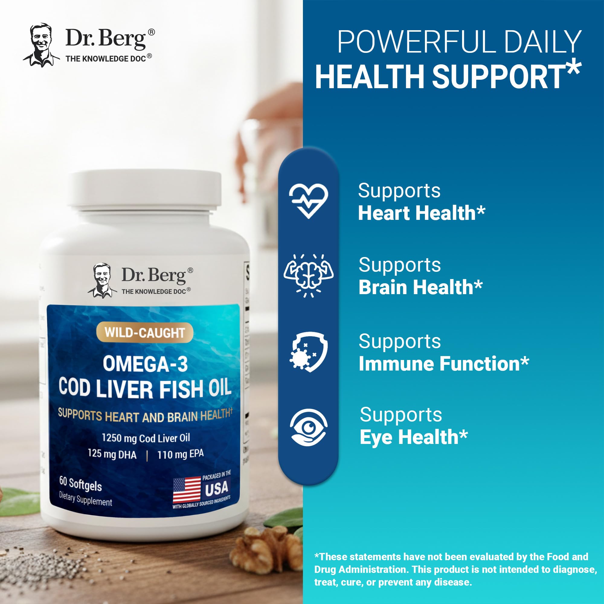 Dr. Berg Omega-3 Cod Liver Fish Oil 60 Softgels – Wild-Caught Icelandic Cod – Omega 3 EPA & DHA – Heart, Brain, Immune & Eye Support* – Lemon Flavor – 4X Lab-Tested – Non-GMO, No Fillers Dr. Berg NutritionalsBuy Supplements Australia