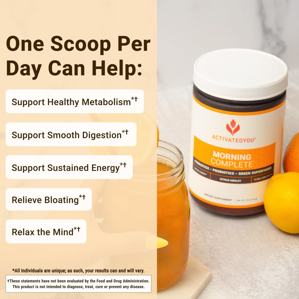 ACTIVATEDYOU Morning Complete Daily Wellness Greens Superfood Drink Mix for Gut Health w/Prebiotics, Probiotics, Antioxidants, Green Superfoods, 10 Billion CFUs, 30 Servings (Citrus) ACTIVATEDYOUBuy Supplements Australia