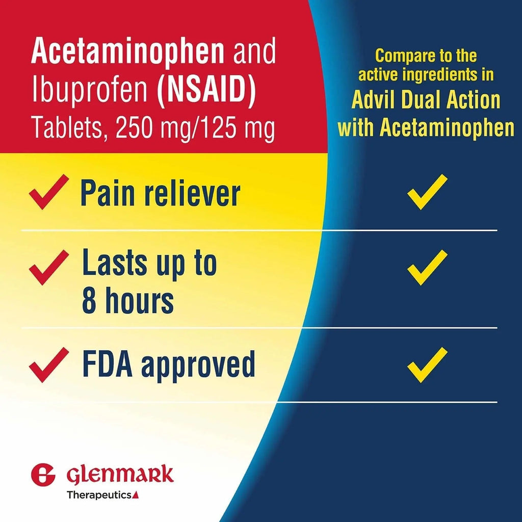 Dual Action Acetaminophen 250mg and Ibuprofen 125mg Caplets, Up to 8h of Pain Relief for Minor Aches and Pain, Headaches, Toothache, Backache, Menstrual Cramps, Minor Arthritis Pain, 216 Count Glenmark TherapeuticsBuy Supplements Australia