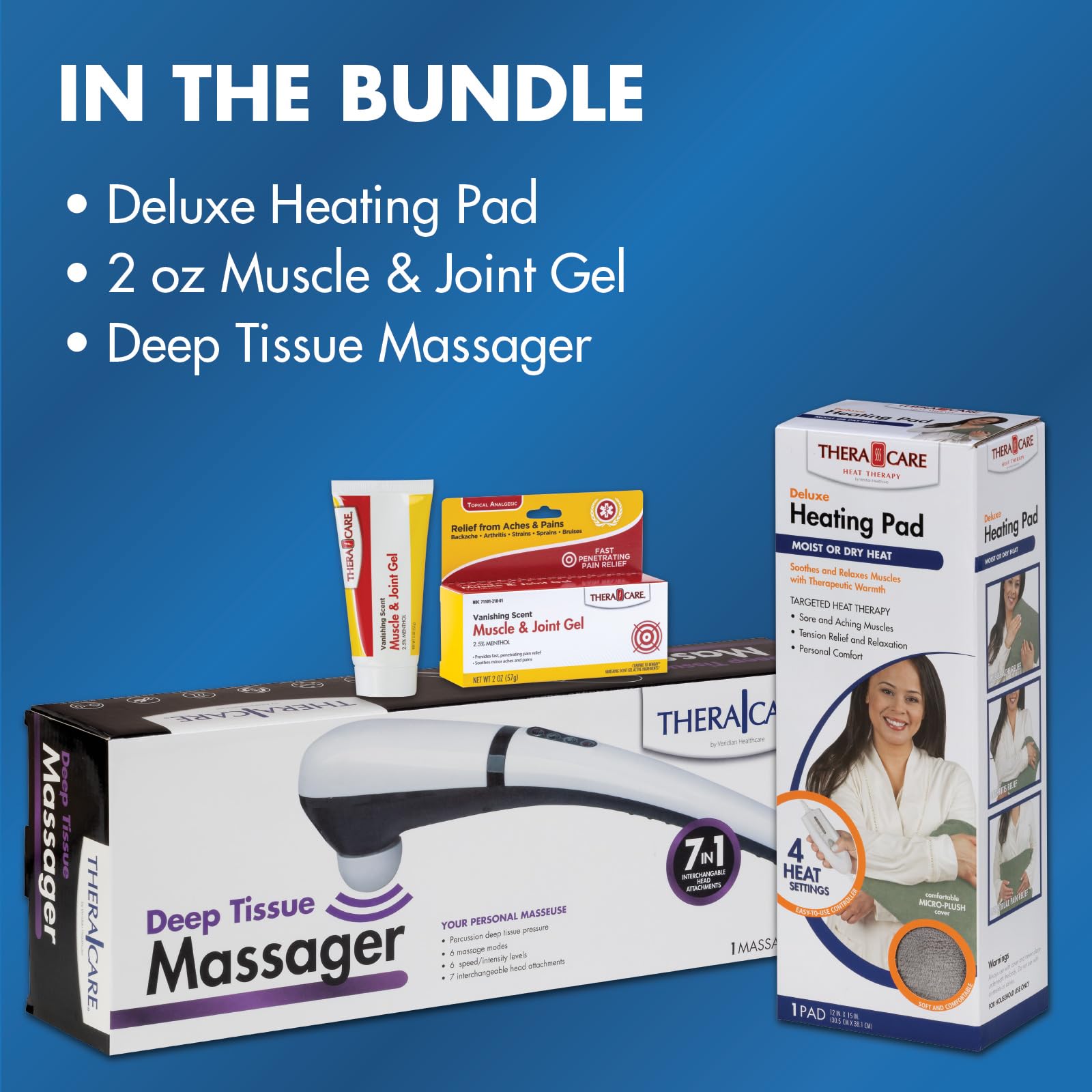 Pain Management Bundle 3-Piece | Personal Deep Tissue Massager | Muscle & Joint Pain Relief Gel | Deluxe Moist Dry Heating Pad | Therapeutic Care at Home | Whole Family Care Thera CareBuy Supplements Australia