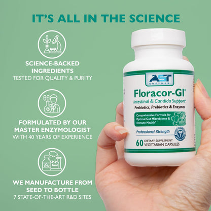AST Enzymes Floracor - Supports Gut & Intestinal Health - Premium Probiotic, Prebiotic and Enzyme Formula - 60 Vegetarian Capsules