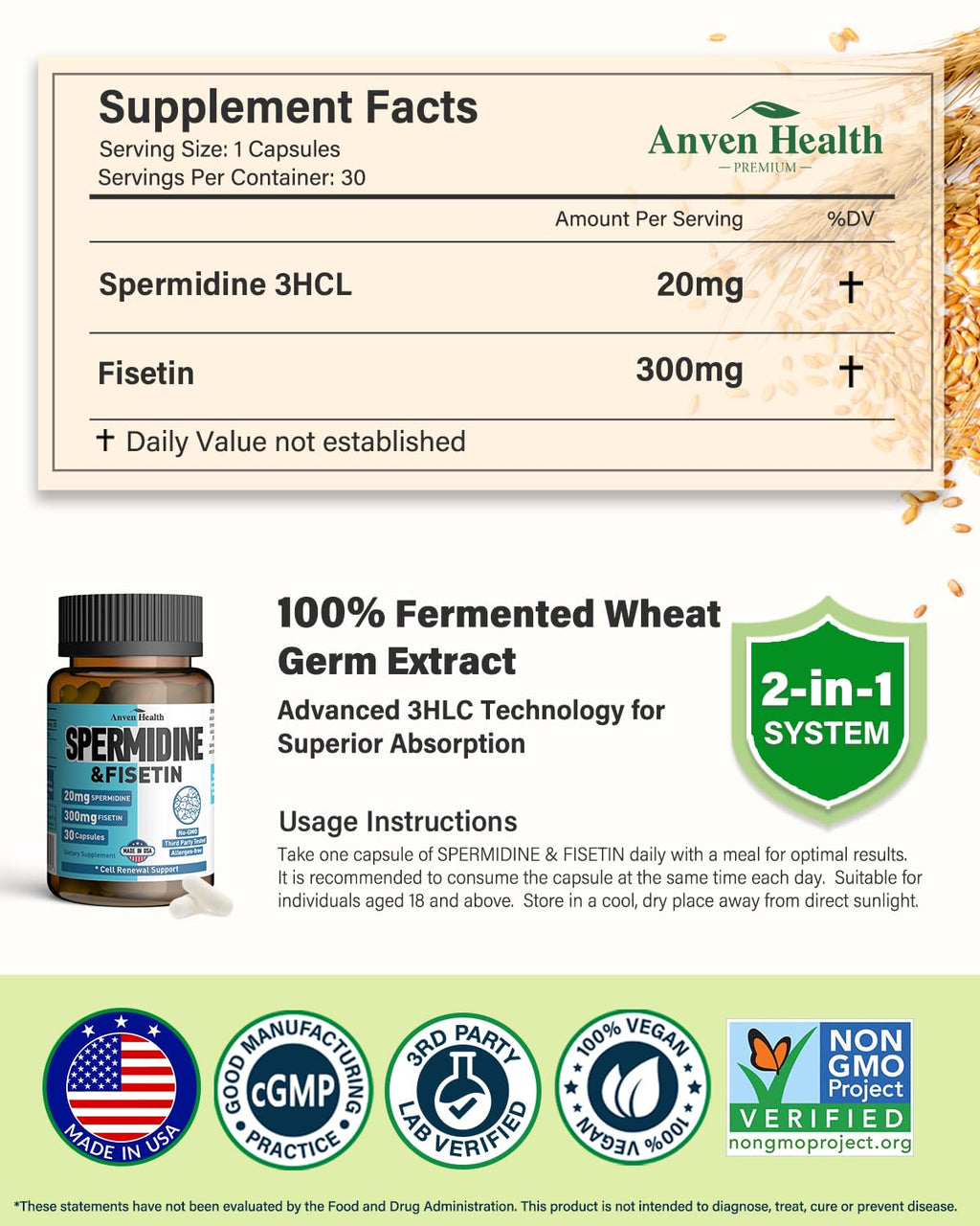 Spermidine & Fisetin Supplement - 20mg of 99% Spermidine Per Serving, 3HCL & 300mg Fisetin for Women Men Cell Renewal, Aging Defense & Longevity, Gluten Free, Non-GMO, Made in USA | 30 Veggie Caps Anven HealthBuy Supplements Australia