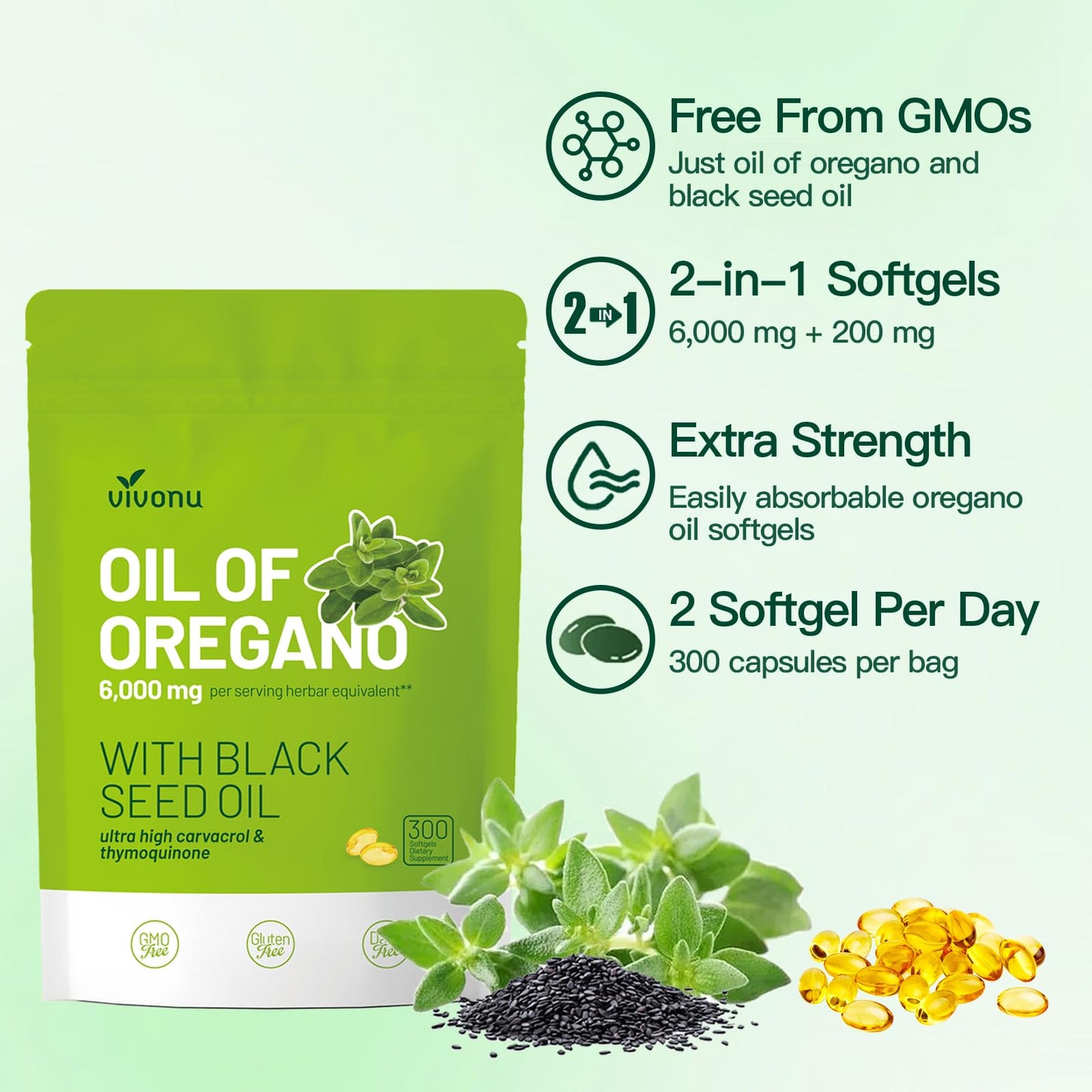 VivoNu Oil of Oregano with Black Seed Oil, Balanced Oil of Oregano Capsules, 300 Count Organic OreganoOil Softgels