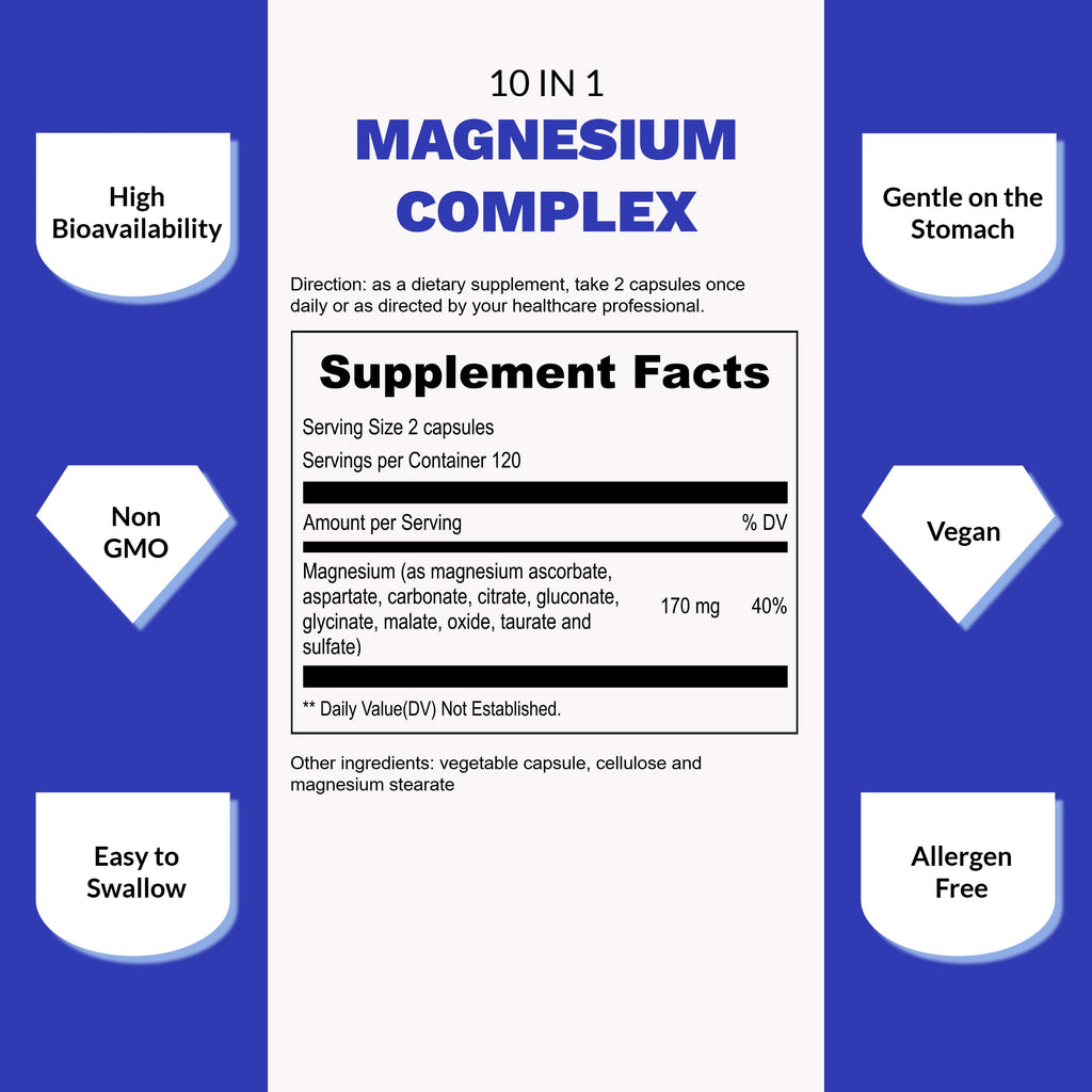 UpNourish Magnesium Supplement - 10 in 1 Magnesium Complex - Full Spectrum Magnesium Mineral Supplements with Glycinate, Citrate, Taurate, Malate, Carbonate, Oxide and More, 240 Vegan Capsules UpNourish buy supplements Au