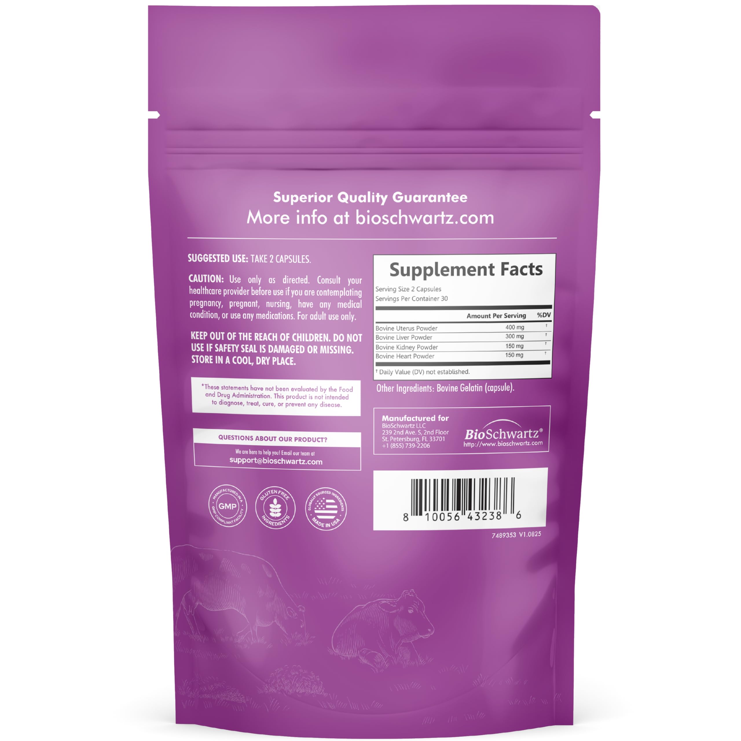 BioSchwartz Primal Beef Organ Supplement for Women - 60 Capsules - Grass-Fed & Pasture-Raised - Supports Healthy Hair Skin and Nails, Hormone Balance - with Bovine Liver, Kidney, Heart, Uterus Powder BioSchwartzBuy Supplements Australia