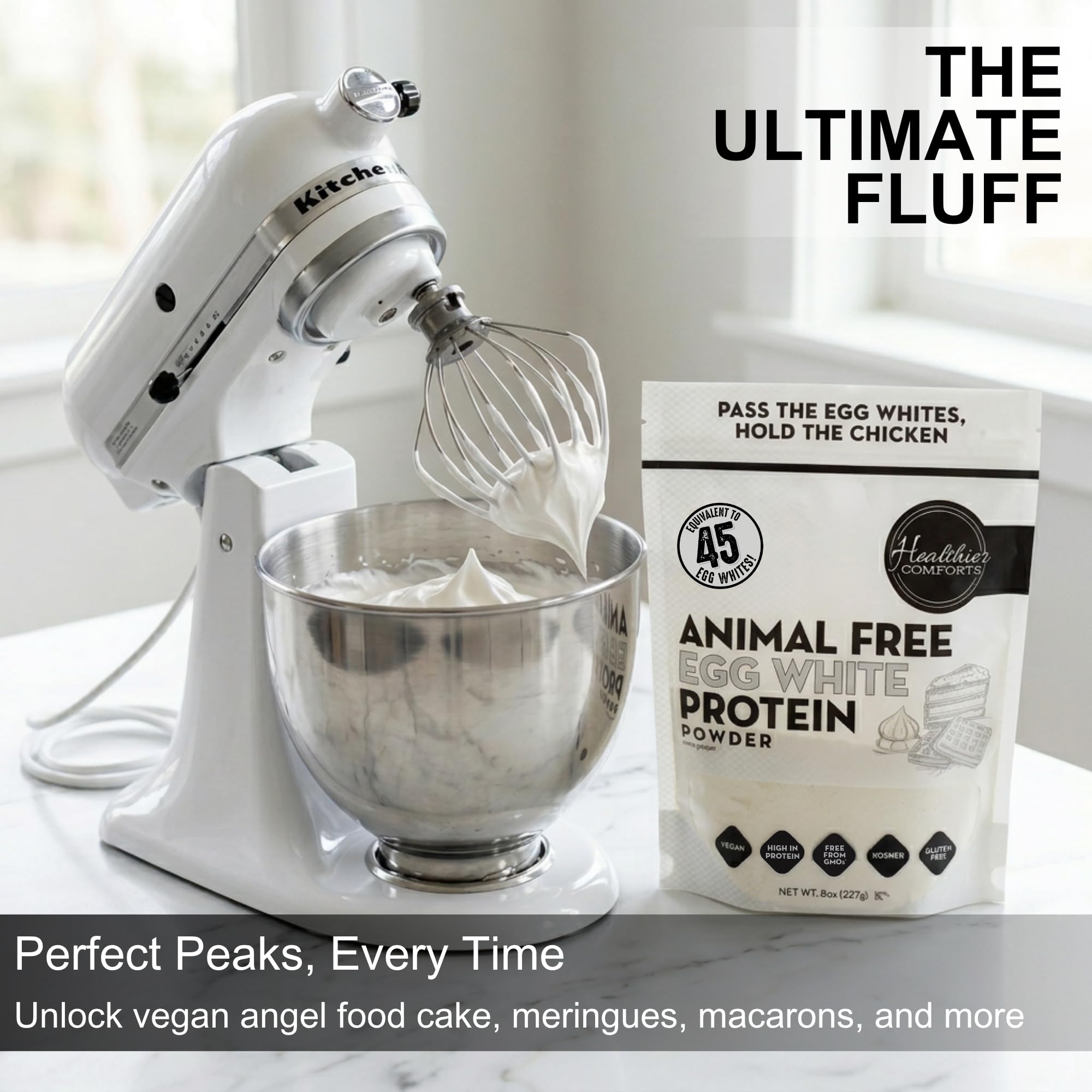 Healthier Comforts Animal-Free Egg White Protein Powder | Make Vegan Egg Omelets, Angel Food Cake, Meringue, Protein Shakes | Whips and Binds Just Like Traditional Egg Whites (8 oz)