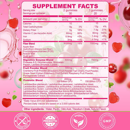 Fiber Gummies 7500mg, Probiotics & Digestive Enzymes, Sugar-Free, Vegan & Gluten-Free Supplement for Gut Health, Bloating Support & Regularity,