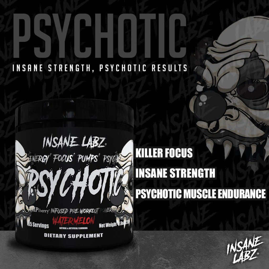 Insane Labz Psychotic Black Edition Mid Stimulant Pre Workout Powder, Energy Focus Pumps, Loaded with Creatine Beta Alanine Taurine Fueled by AMPiberry, 35 Servings (Blue Raspberry)
