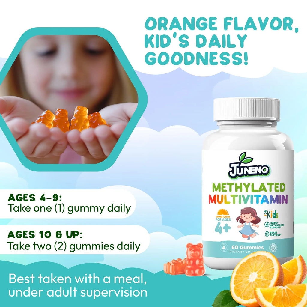 Juneno Methylated Multivitamin Gummies for Kids - MTHFR Support Supplement with B Complex 5-MTHF Folate (L-Methylfolate) Juneno
