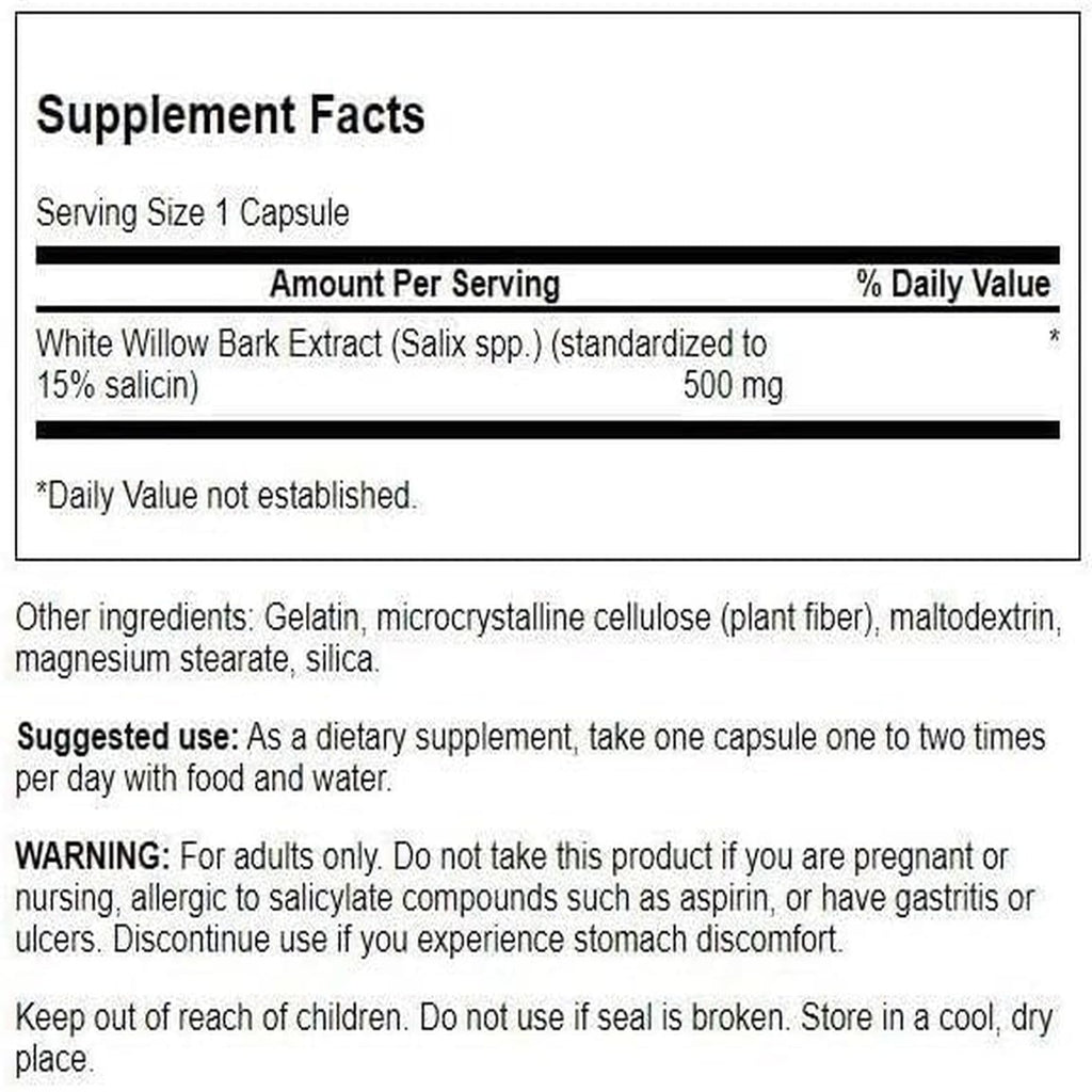 Swanson White Willow Bark Extract - Promotes Joint Support and Muscle Relief - Standardized to 15% Salicin - Natural Supplement with No Stomach Irritation - (120 Capsules, 500mg Each) SwansonBuy Supplements Australia