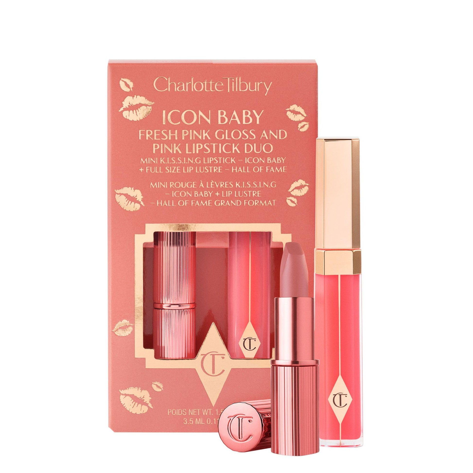 Charlotte Tilbury Icon Baby Lip Duo Kit - Mini K.I.S.S.I.N.G Satin Shimmer Lipstick & Full Size Hall of Fame High Shine Gloss Set - Hydrating Long Lasting Makeup Duo for On-the-Go Glossy Shine Charlotte Tilbury buy supplements Au