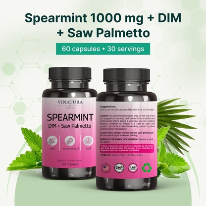 VINATURA Spearmint Leaf Capsules Supplement - Enhanced with DIM & Saw Palmetto, for Unwanted Hair, Women' Health & Skin *USA Made & Tested* - 1380mg/serving, 60 Capsules (30 Servings) VINATURABuy Supplements Australia