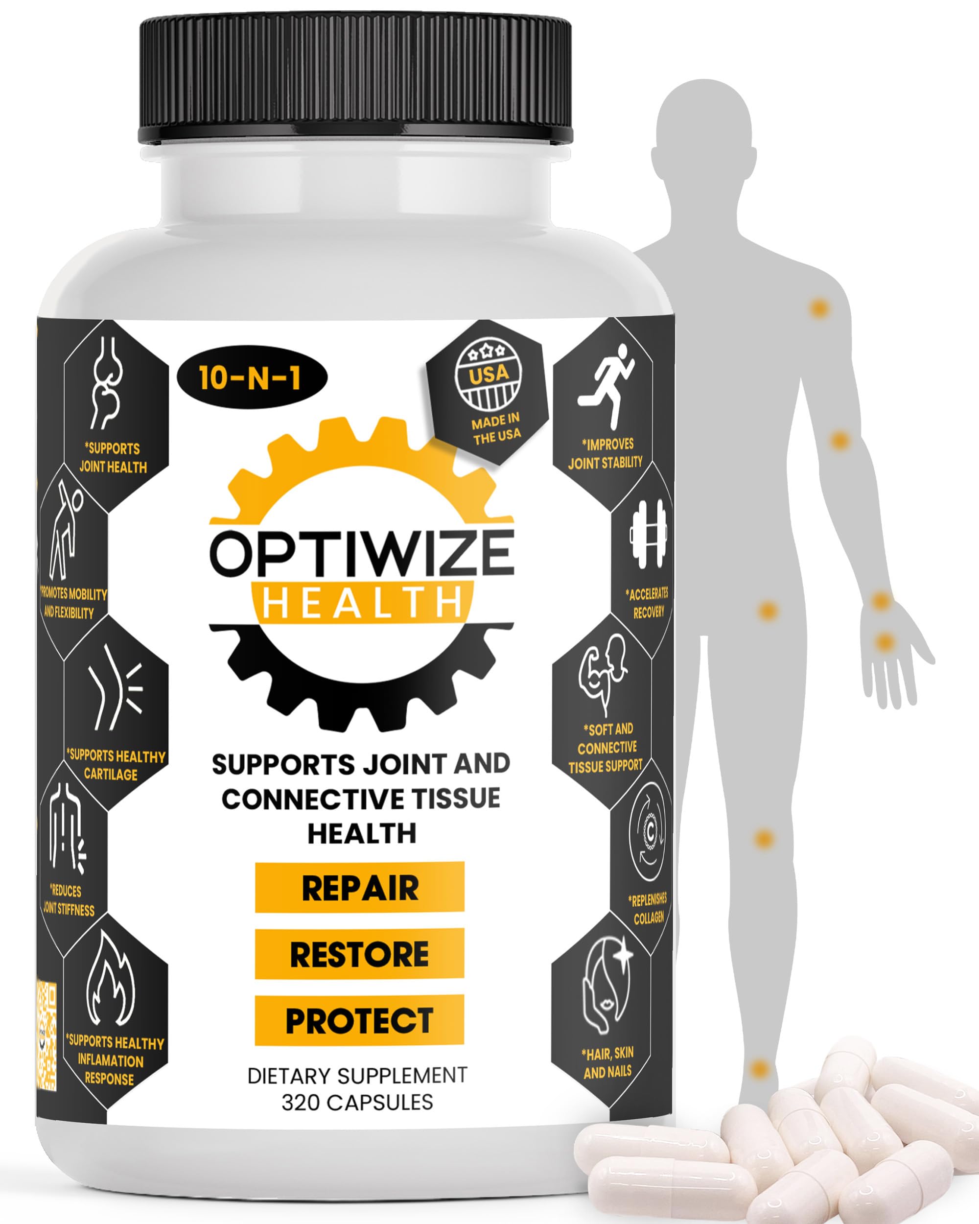 OptiWize 10-N-1 Joint Support Hydrolyzed Collagen,MSM, Hyaluronic Acid, Glucosamine,Chondroitin & More- Targets Joint Discomfort, Improves Mobility & Flexibility 320 Caps for Men & Women Made in USA OptiWizeBuy Supplements Australia