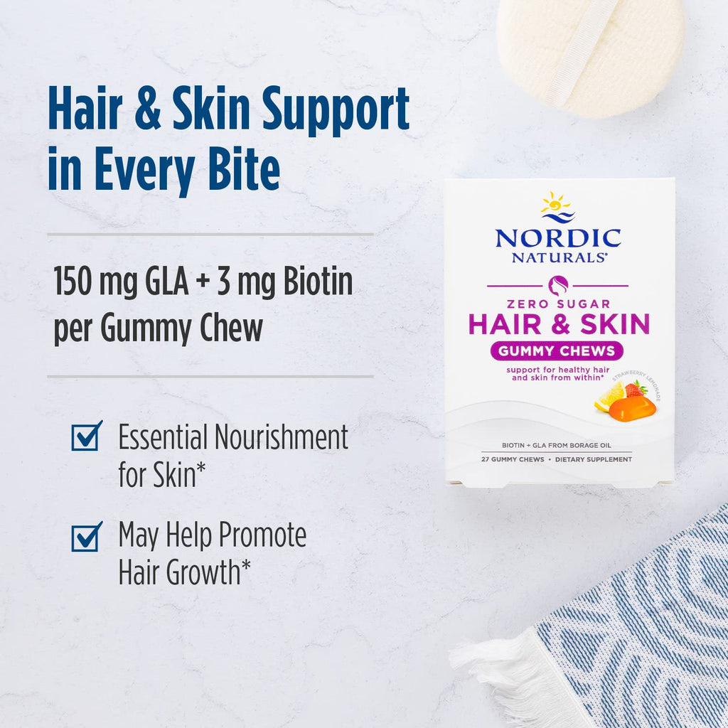 Nordic Naturals Zero Sugar Hair & Skin Gummy Chews, Strawberry Lemonade - 27 Gummy Chews - Biotin + GLA from Borage Oil - Promotes Healthy Balance of Fats in Skin - Non-GMO - 27 Servings Nordic NaturalsBuy Supplements Australia