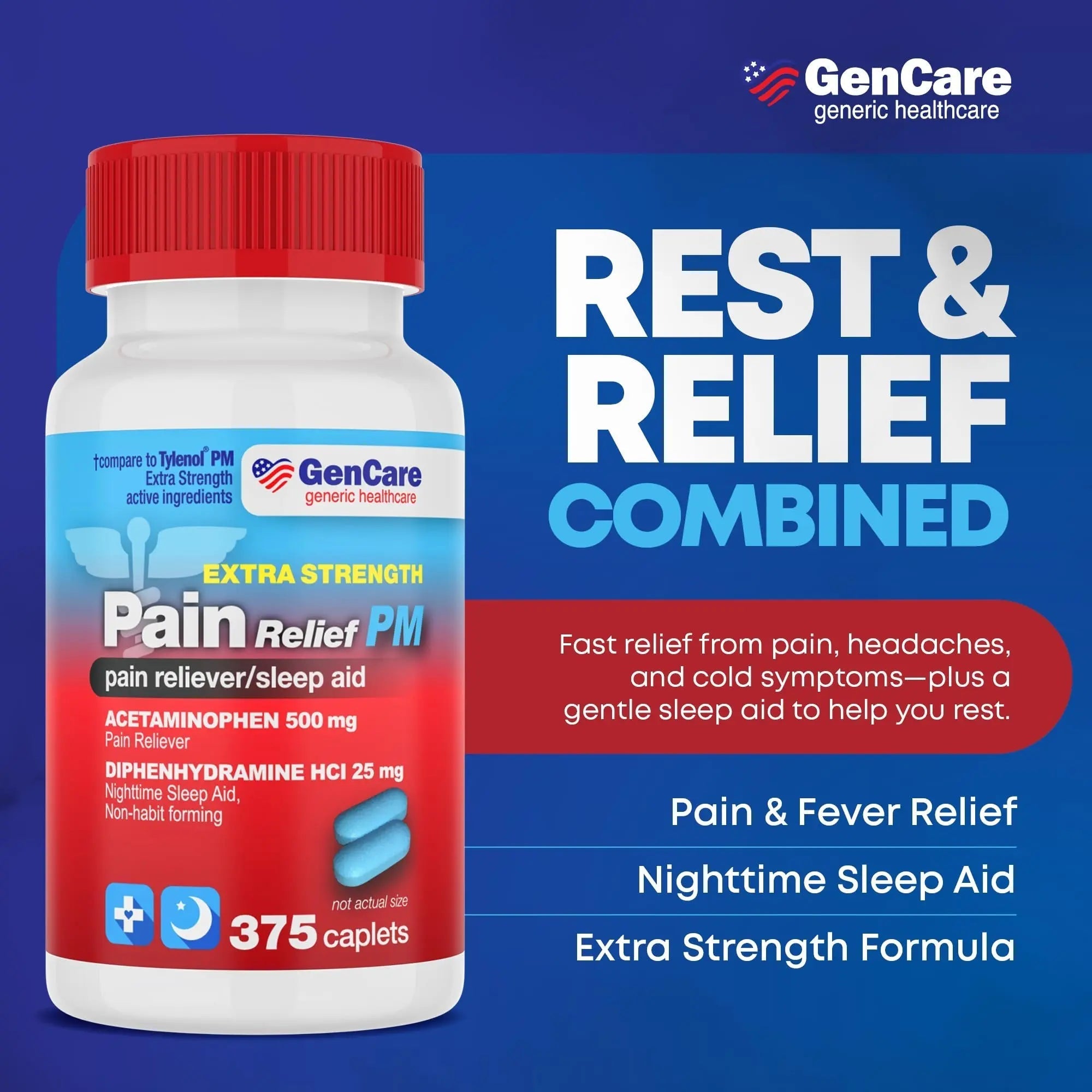 GenCare Extra Strength Acetaminophen PM 500 mg (375 Tablets) | Ultimate Pain Relief & Sleep Support for Adults | Quick Acting & Non Habit Forming Headache Relief | Eases Aches & Joint Discomfort GenCareBuy Supplements Australia