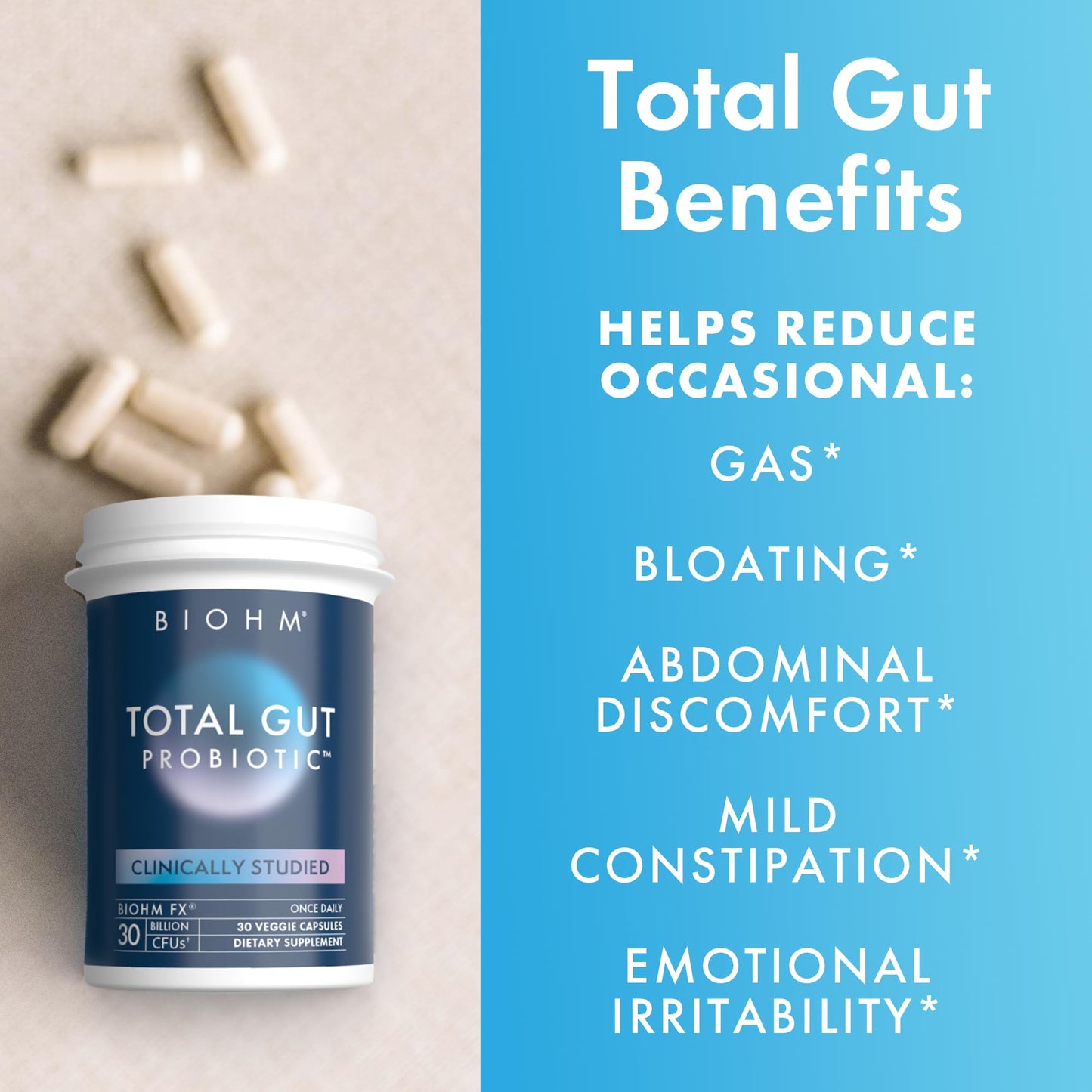 BIOHM Total Probiotic, 30 Billion CFU Daily Probiotics for Women & Men (30 Count) Helps Reduce Occasional Gas & Bloating,