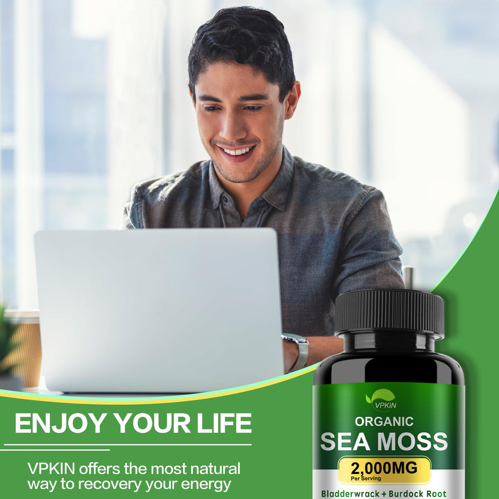 VPKIN Organic Sea Moss Capsules with Bladderwrack,Burdock Root and Black Pepper Extract-Irish SeaMoss Pills 2000mg-Promotes Immune System,Thyroid Support(120 Capsules) VPKINBuy Supplements Australia