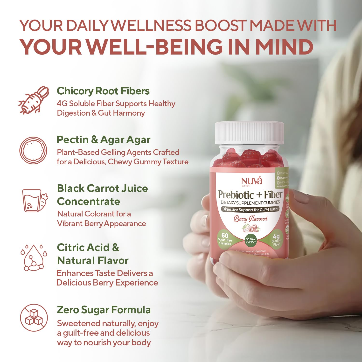NuVa by Trulore Prebiotic + Fiber Gummies |  User Nutritional Support | Sugar Free Fiber Gummies for Adults | Berry Flavor | Non-GMO Digestive Balance for Men & Women | 60 Gummies - 30 day Supply