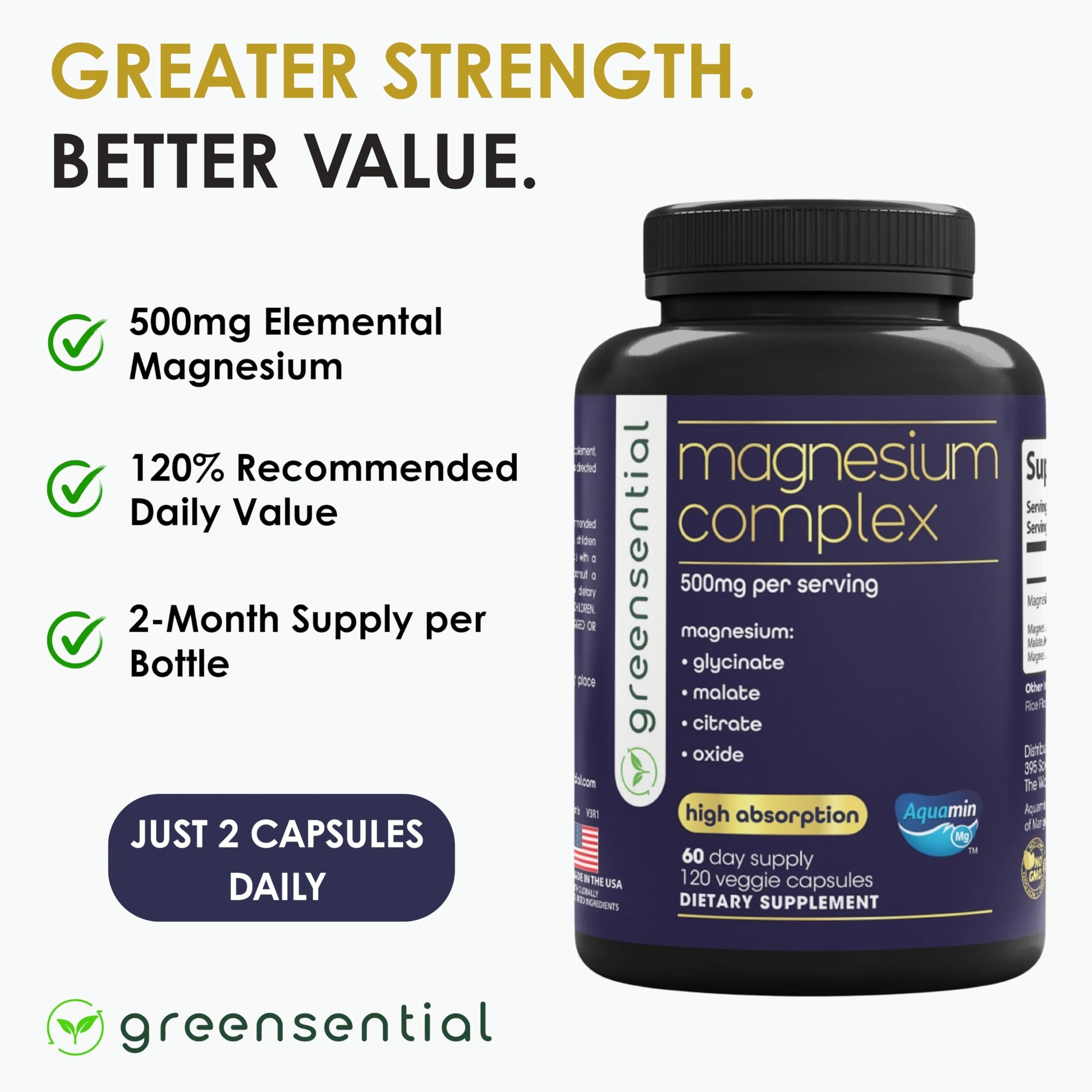 Greensential 5-in-1 Magnesium Complex 500mg | Glycinate, Malate, Citrate, Oxide & Aquamin® | for Sleep, Muscle & Heart Support | High Absorption, Vegan, 120 Capsules Greensential buy supplements Au