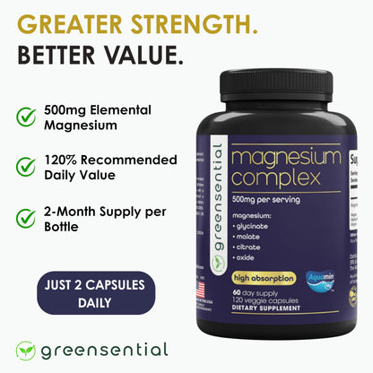 Greensential 5-in-1 Magnesium Complex 500mg | Glycinate, Malate, Citrate, Oxide & Aquamin® | for Sleep, Muscle & Heart Support | High Absorption, Vegan, 120 Capsules Greensential buy supplements Au