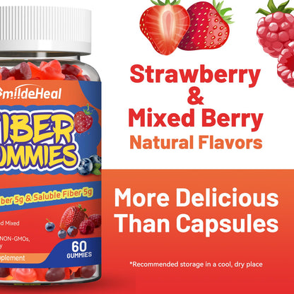 SmildeHeal Fiber Gummies, Dietary Fiber, for Women and Men, Gut Health Support, Non-GMOs, Non-Gluten, Vegan, Mixed Berry and Strawberry Flavor, 60 Count Gummies