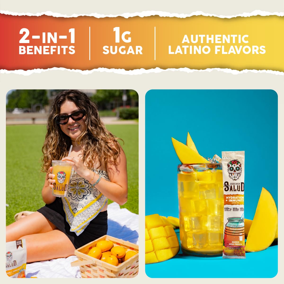 Salud 2-in-1 Hydration Packets + Immunity Electrolytes Powder, Mango - Agua Fresca Drink Mix, Elderberry, Dairy & Soy Free, Non-GMO, Gluten Free,