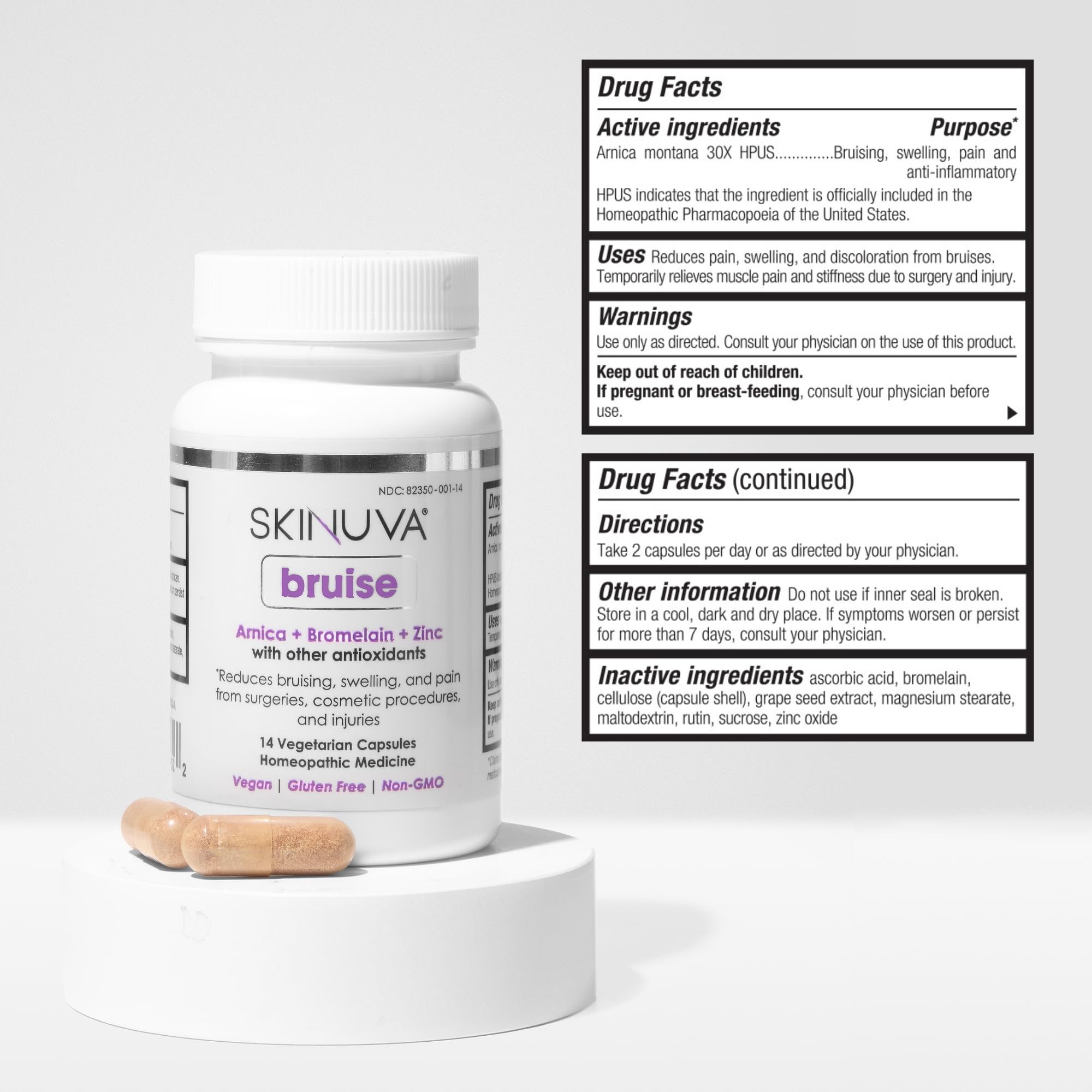 Skinuva® Bruise - Supplement for Bruising and Swelling - A Homeopathic Bruise Remedy Formulated with Arnica, Bromelain & Zinc - 14 Capsules (7-Day Treatment) SkinuvaBuy Supplements Australia