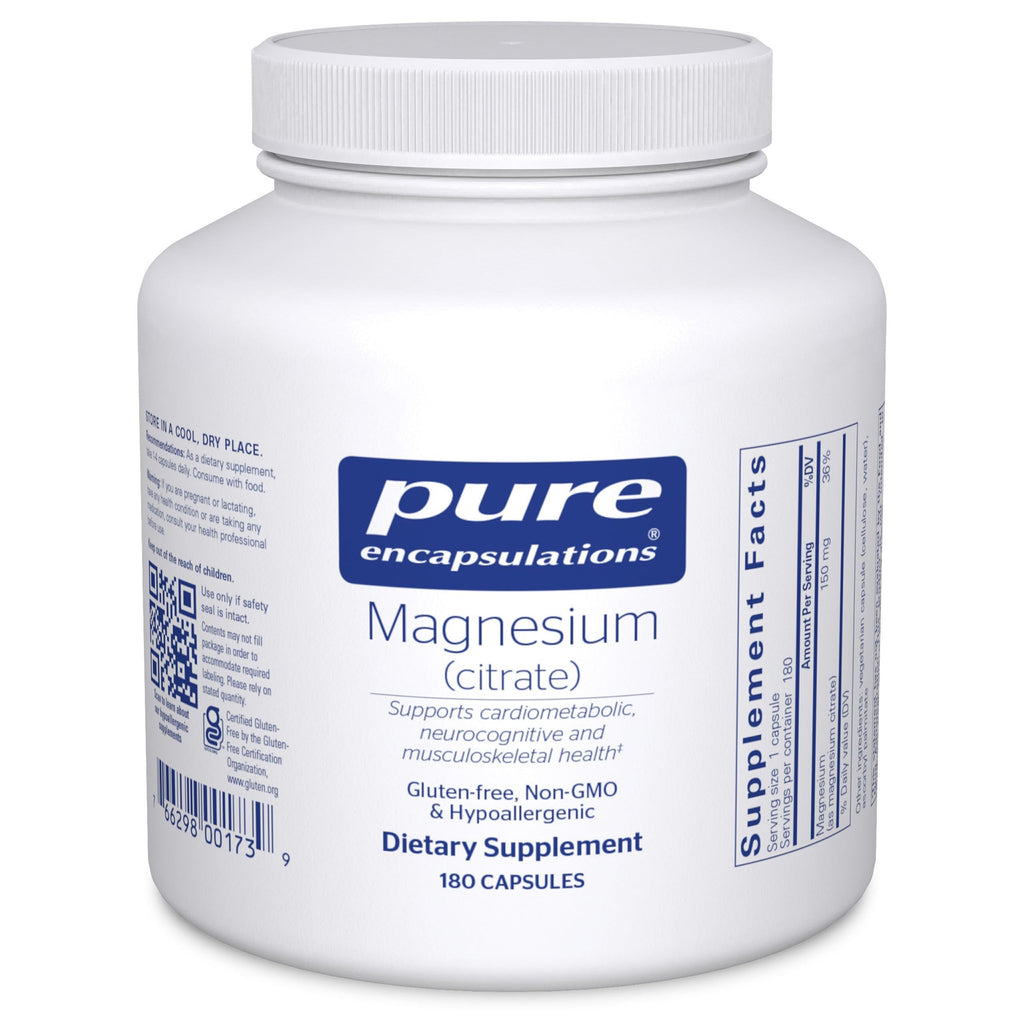 Supplement bottle labeled 'pure encapsulations' with magnesium citrate on a white background
