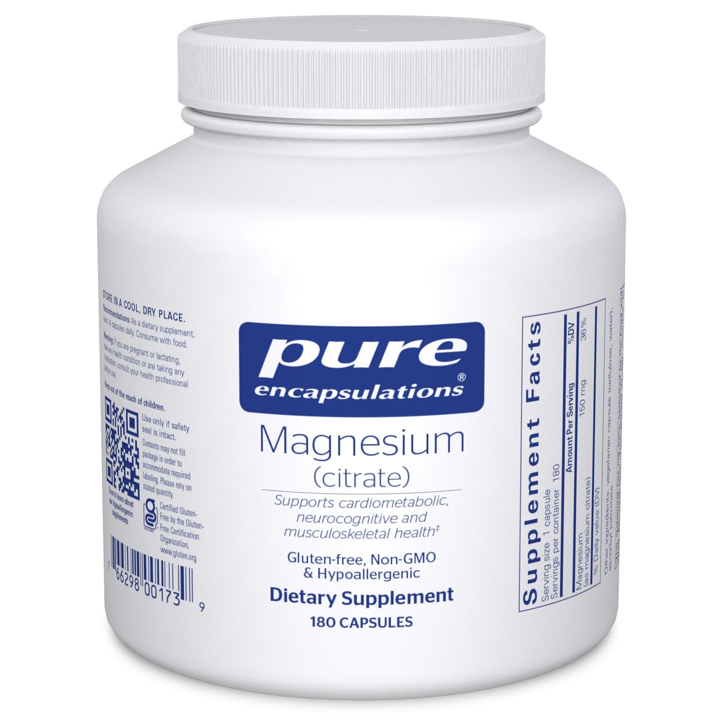 Supplement bottle labeled 'pure encapsulations' with magnesium citrate on a white background