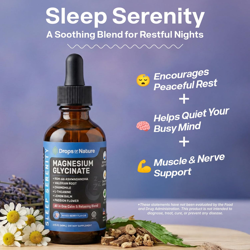 Magnesium Glycinate & Ashwagandha Liquid Drops with Valerian Root, Chamomile, Passion Flower, Lemon Balm & L-Theanine - Vegan Fast Absorption - Supplement for Wellness & Relaxation (Mixed Berry, 60mL) Drops Of NatureBuy Supplements Australia