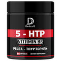 Black supplement container with red and white label displaying '5-HTP, Vitamin B6, L-Tryptophan' on a white background.