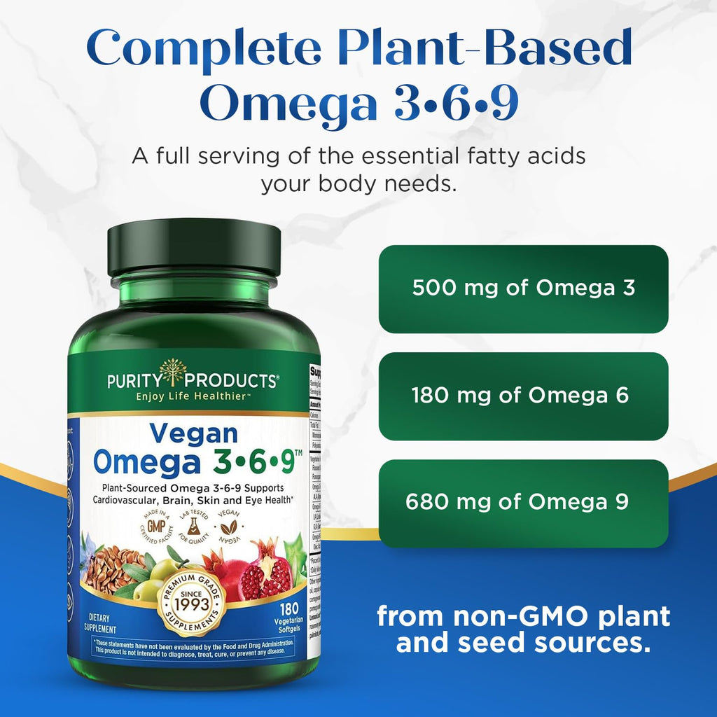 Purity Products Vegan Omega 3 6 9 Formula - “5 in 1” Essential Fatty Acid Complex - Scientifically Formulated Plant-Based Vegan Omega 3-6-9 Essential Fatty Acids