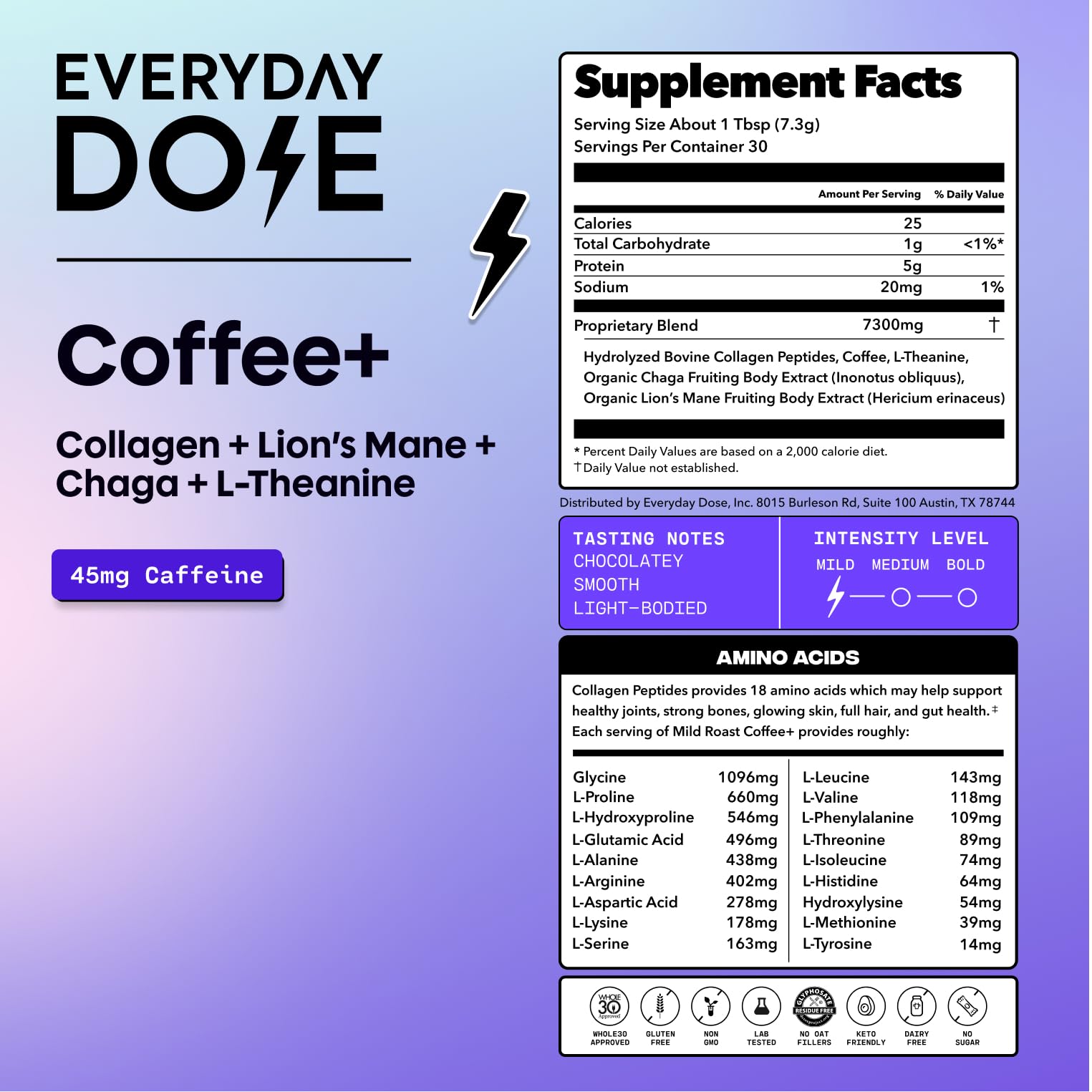 Everyday Dose Premium Adaptogenic Mushroom Coffee with Grass-Fed Collagen, Chaga, Lions Mane & L-Theanine for Better Focus, Energy, Digestion, Skin, and Immunity 30 Servings