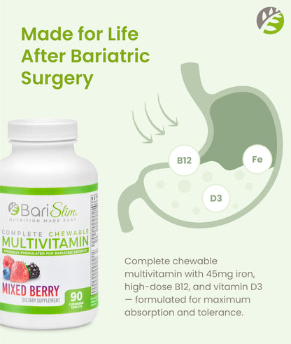 BariSlim Complete Chewable Bariatric Multivitamin Tablets - 45 mg Iron - Bariatric Vitamin & Supplement for Post Bariatric Surgery Including Gastric Bypass & Gastric Sleeve | Mixed Berry | 90 Tablets BariSlim buy supplements Au